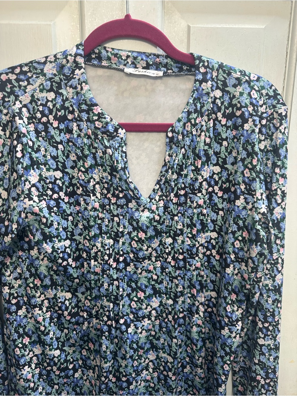 Floral V-Neck Long Sleeve Women's Top- Navy Blue & Multi